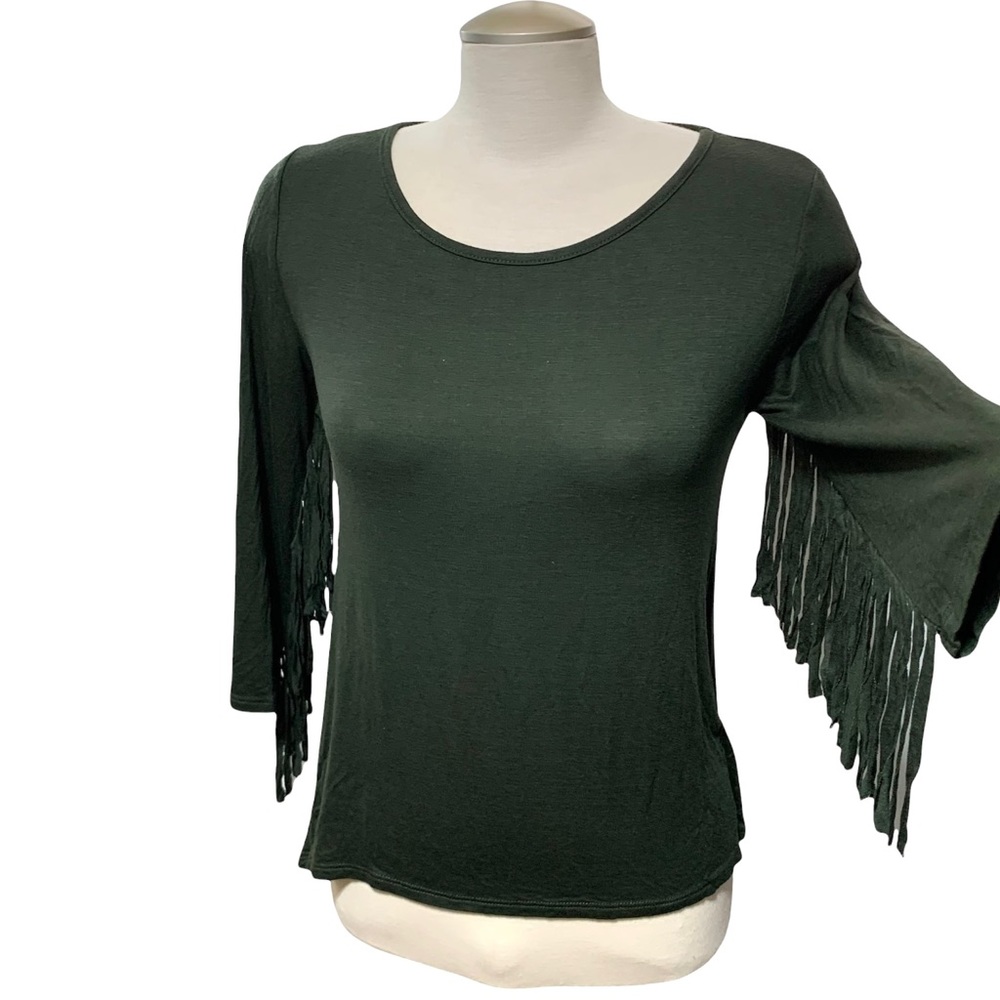 Seduction By Sirens Like New Green Fringe 3/4 Sleeves Top Sz Small